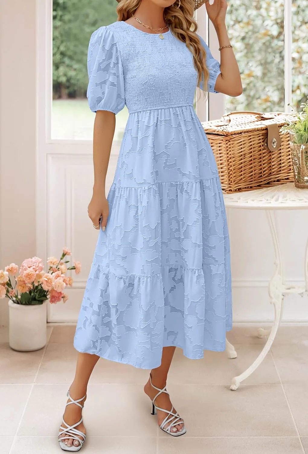 ZESICA Women's 2025 Summer Short Puff Sleeve Crewneck Smocked Floral Lace Flowy A Line Tiered Maxi Dresses