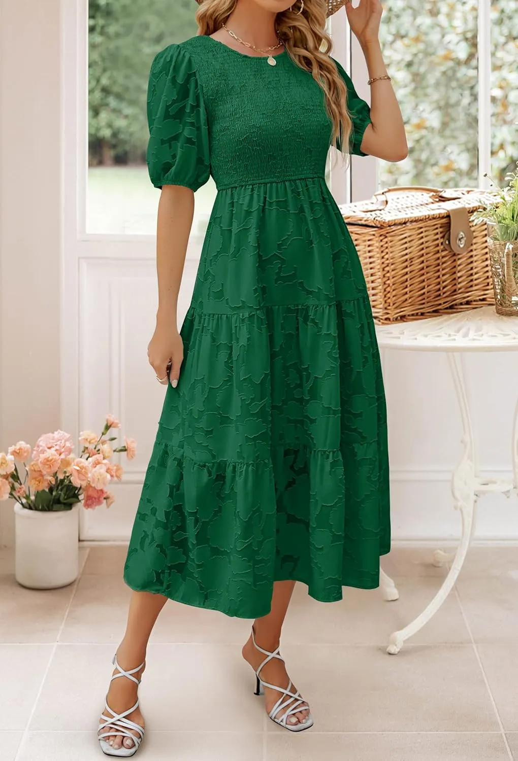 ZESICA Women's 2025 Summer Short Puff Sleeve Crewneck Smocked Floral Lace Flowy A Line Tiered Maxi Dresses