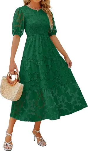 ZESICA Women's 2025 Summer Short Puff Sleeve Crewneck Smocked Floral Lace Flowy A Line Tiered Maxi Dresses