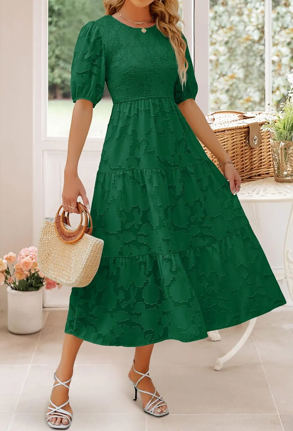 ZESICA Women's 2025 Summer Short Puff Sleeve Crewneck Smocked Floral Lace Flowy A Line Tiered Maxi Dresses