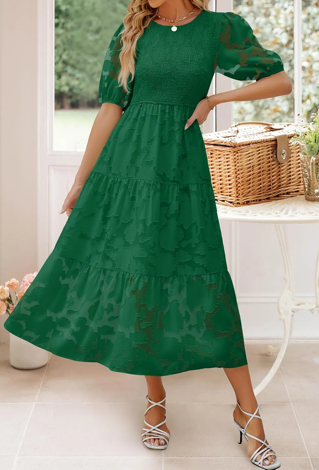 ZESICA Women's 2025 Summer Short Puff Sleeve Crewneck Smocked Floral Lace Flowy A Line Tiered Maxi Dresses