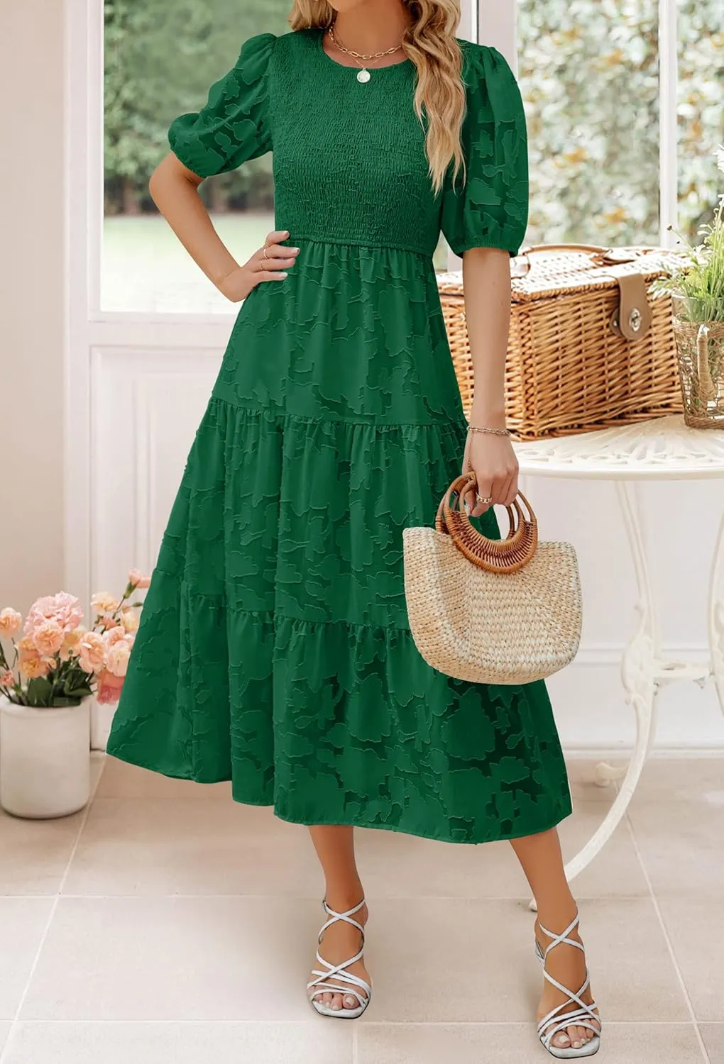ZESICA Women's 2025 Summer Short Puff Sleeve Crewneck Smocked Floral Lace Flowy A Line Tiered Maxi Dresses