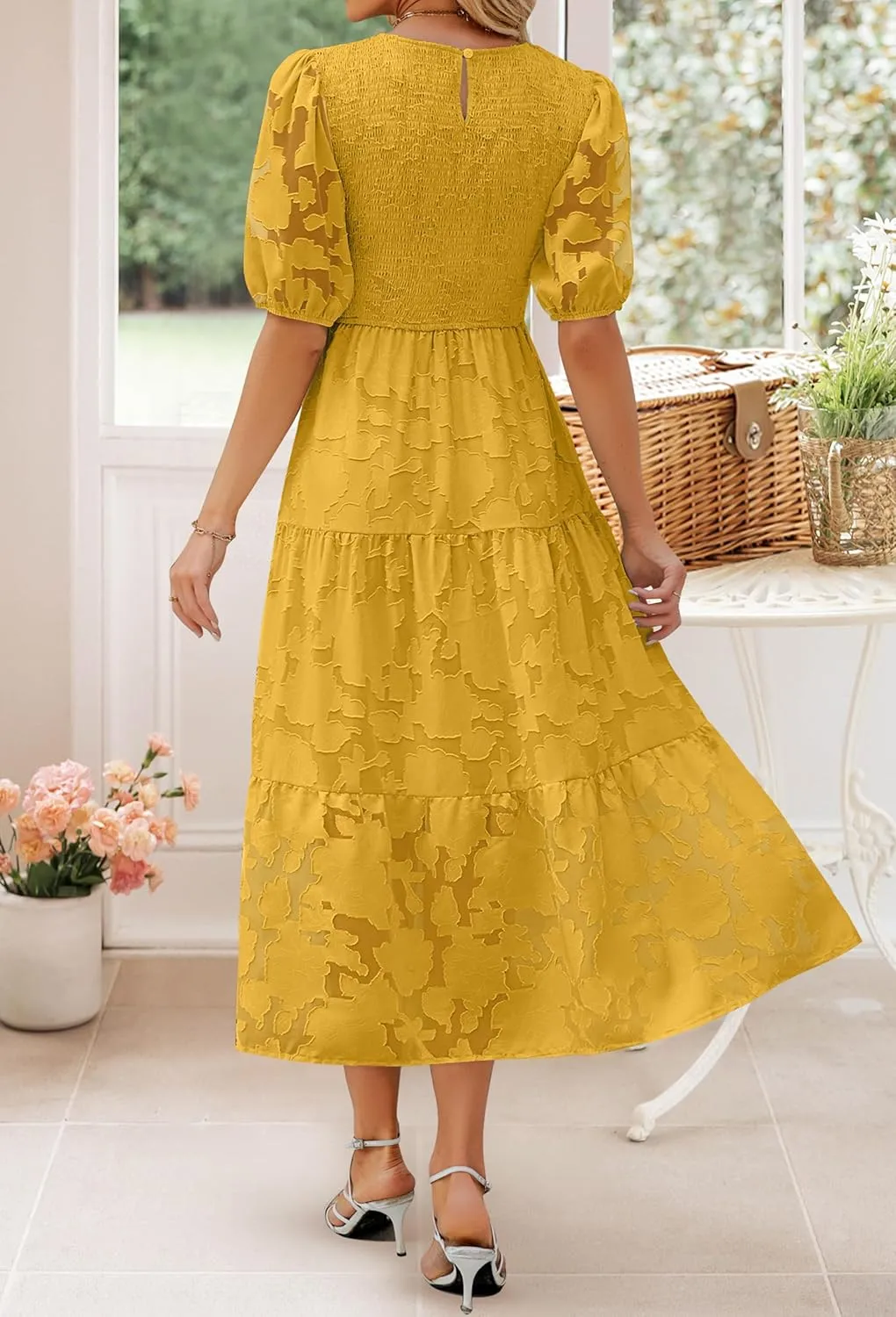 ZESICA Women's 2025 Summer Short Puff Sleeve Crewneck Smocked Floral Lace Flowy A Line Tiered Maxi Dresses
