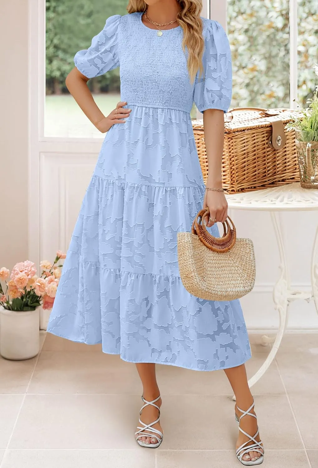 ZESICA Women's 2025 Summer Short Puff Sleeve Crewneck Smocked Floral Lace Flowy A Line Tiered Maxi Dresses