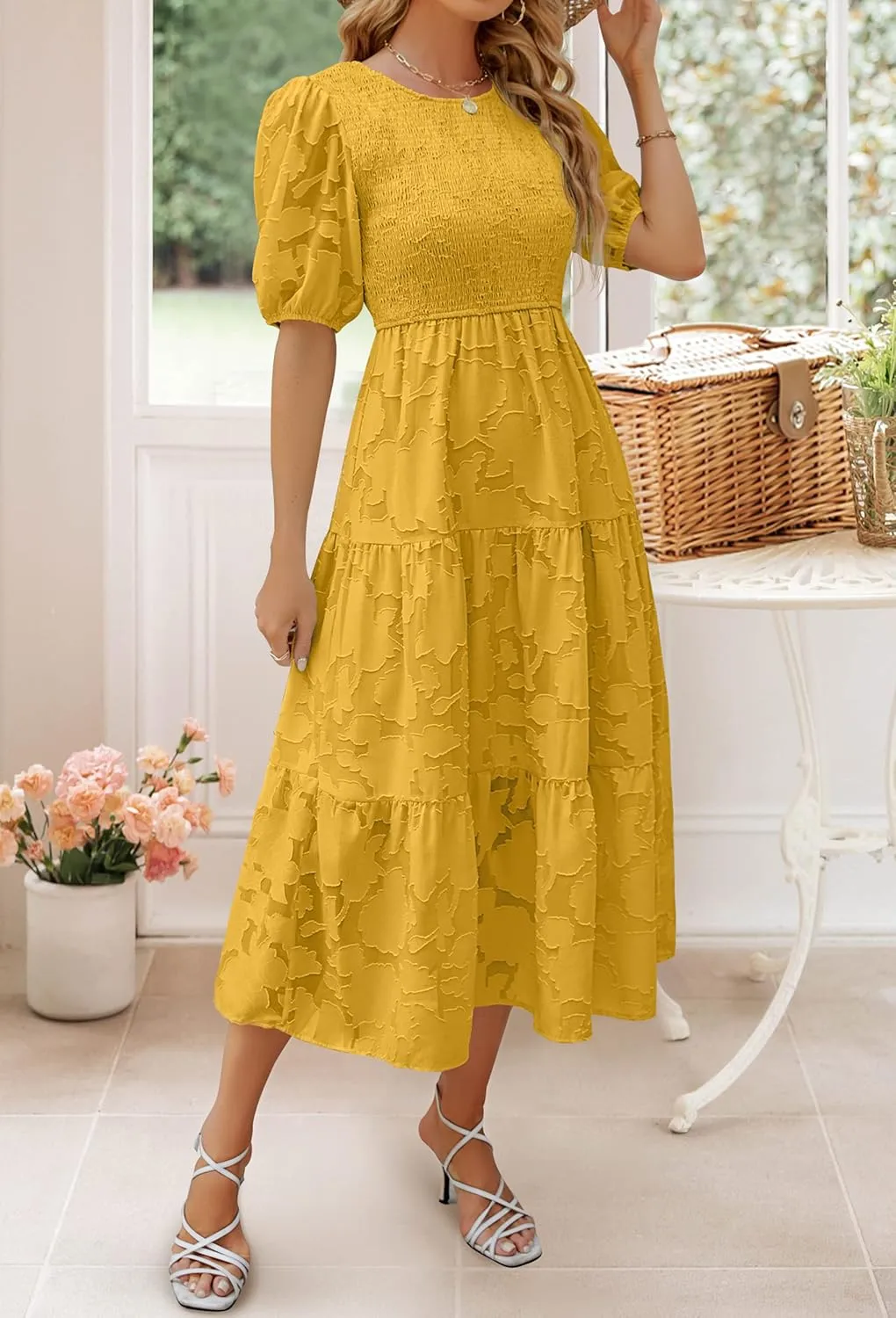 ZESICA Women's 2025 Summer Short Puff Sleeve Crewneck Smocked Floral Lace Flowy A Line Tiered Maxi Dresses