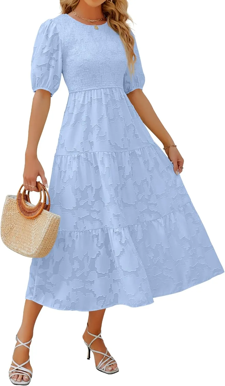 ZESICA Women's 2025 Summer Short Puff Sleeve Crewneck Smocked Floral Lace Flowy A Line Tiered Maxi Dresses