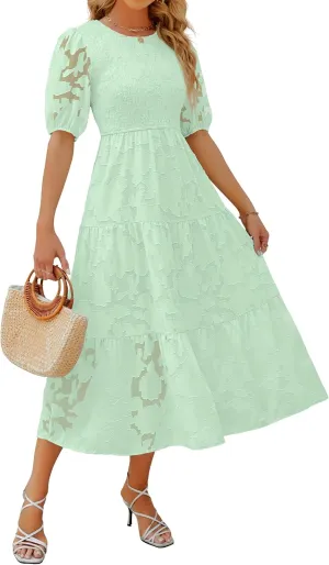 ZESICA Women's 2025 Summer Short Puff Sleeve Crewneck Smocked Floral Lace Flowy A Line Tiered Maxi Dresses