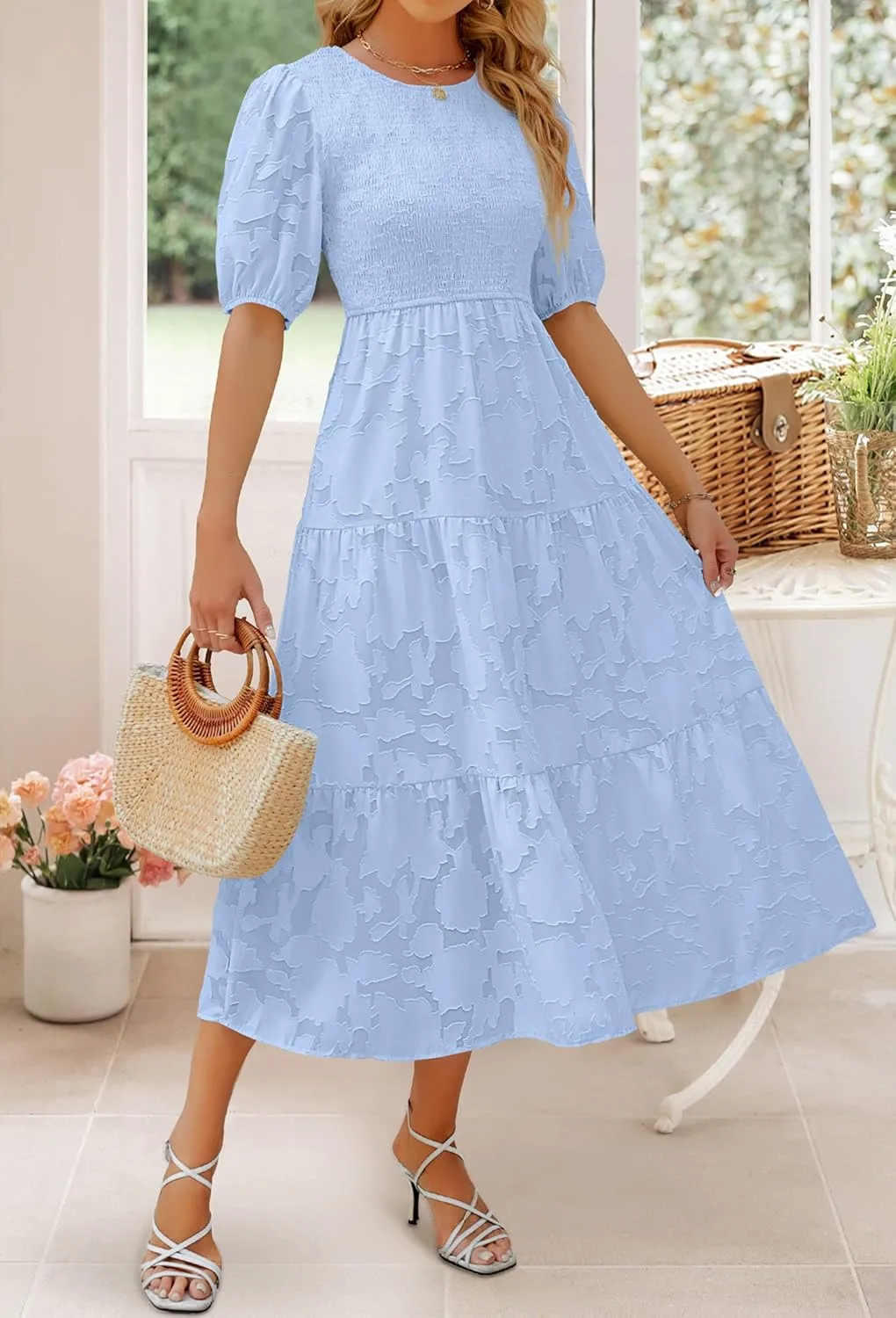 ZESICA Women's 2025 Summer Short Puff Sleeve Crewneck Smocked Floral Lace Flowy A Line Tiered Maxi Dresses
