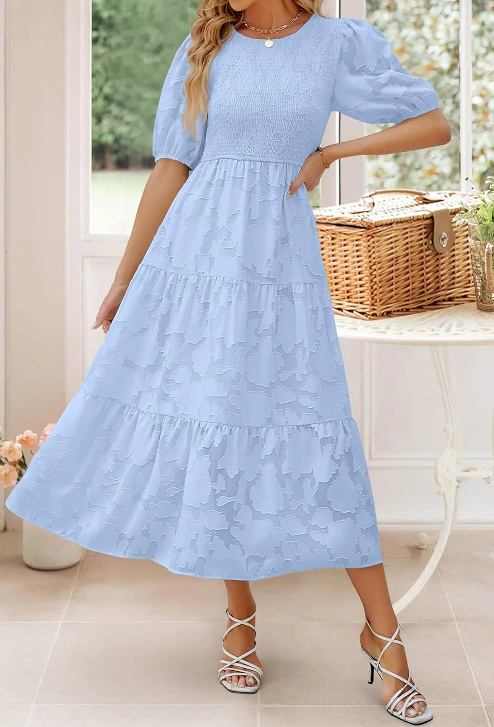 ZESICA Women's 2025 Summer Short Puff Sleeve Crewneck Smocked Floral Lace Flowy A Line Tiered Maxi Dresses
