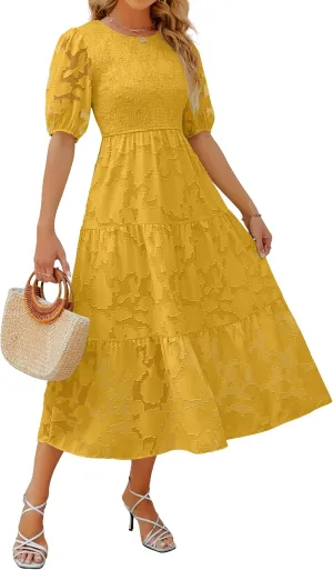 ZESICA Women's 2025 Summer Short Puff Sleeve Crewneck Smocked Floral Lace Flowy A Line Tiered Maxi Dresses