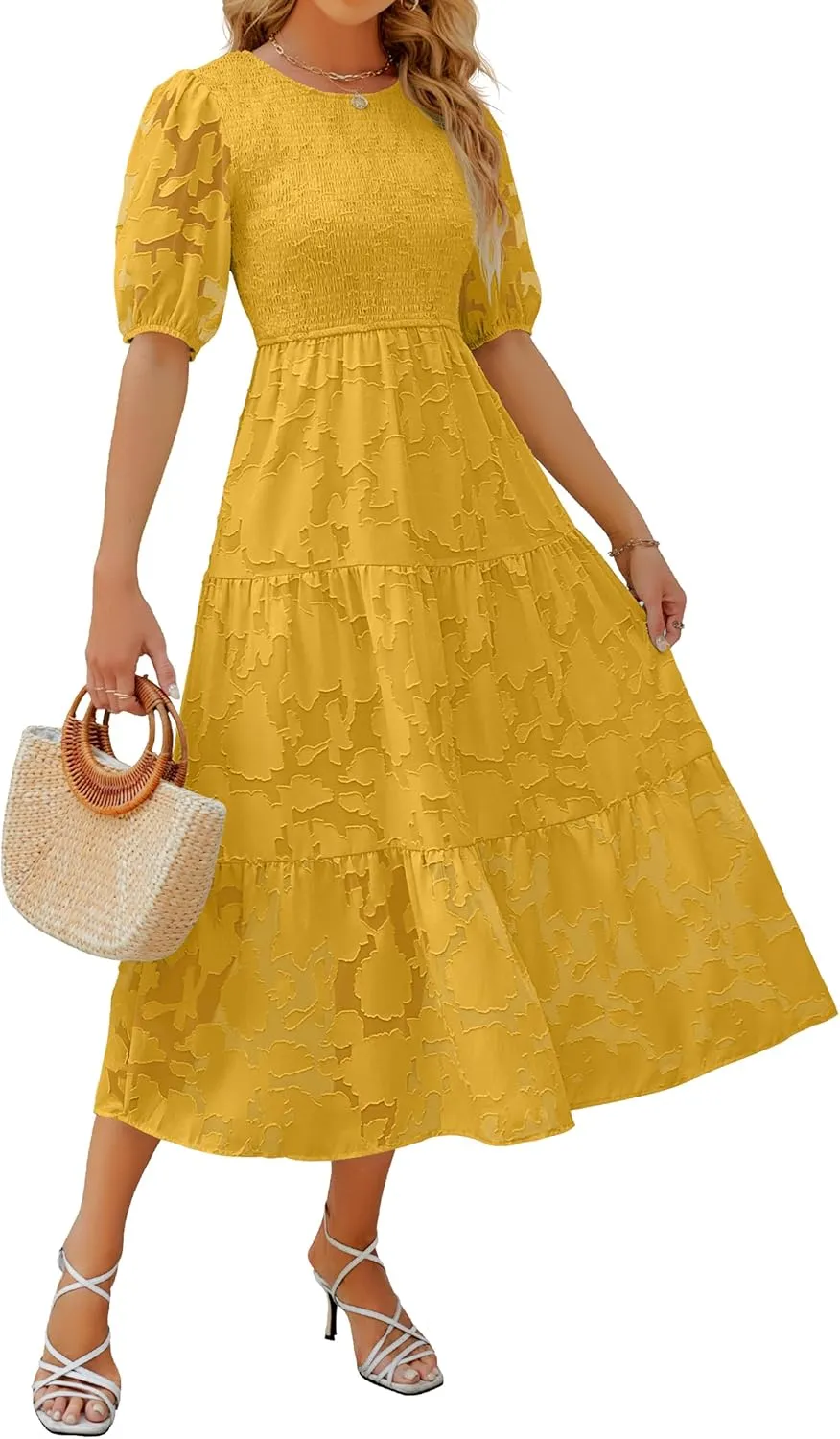 ZESICA Women's 2025 Summer Short Puff Sleeve Crewneck Smocked Floral Lace Flowy A Line Tiered Maxi Dresses
