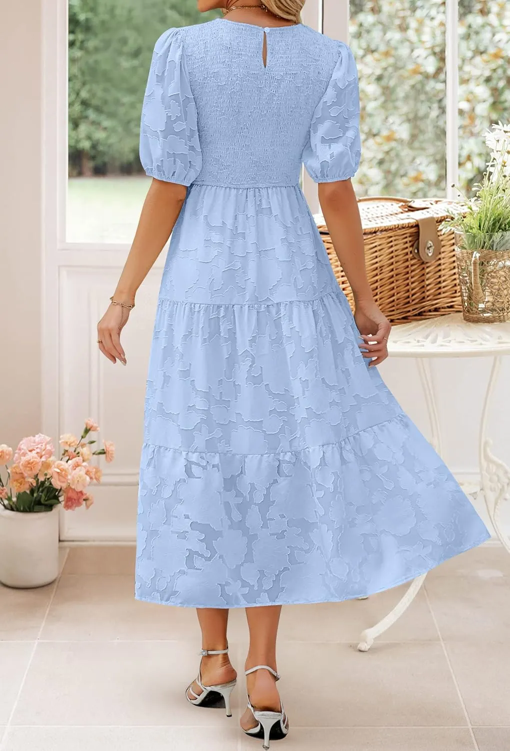 ZESICA Women's 2025 Summer Short Puff Sleeve Crewneck Smocked Floral Lace Flowy A Line Tiered Maxi Dresses