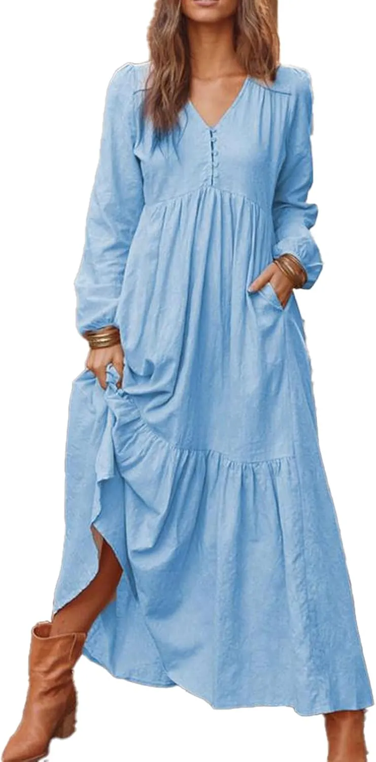 ZOCANIA Cotton Linen Dress for Women V Neck Long Sleeve Maxi Dress Waist Pleated Ruffles Tiered Flowy Long Swing Fall Dresses