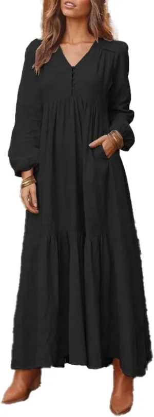 ZOCANIA Cotton Linen Dress for Women V Neck Long Sleeve Maxi Dress Waist Pleated Ruffles Tiered Flowy Long Swing Fall Dresses