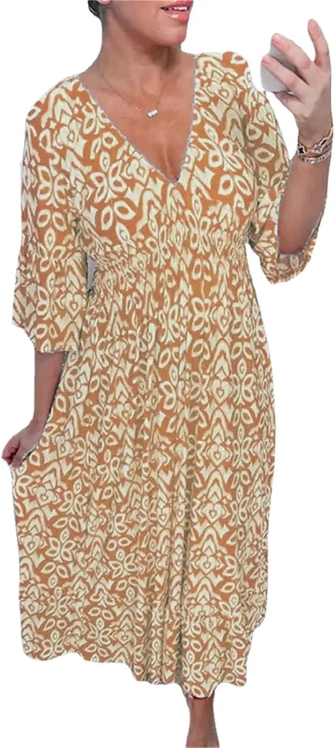 ZOCANIA Women's Plus Size Azect Print Boho Floral Maxi Dress Lantern Long Sleeve Geometric Fall Button Down Flowy Shirt Dress
