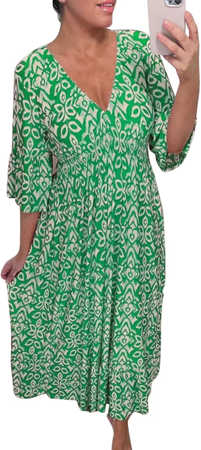 ZOCANIA Women's Plus Size Azect Print Boho Floral Maxi Dress Lantern Long Sleeve Geometric Fall Button Down Flowy Shirt Dress