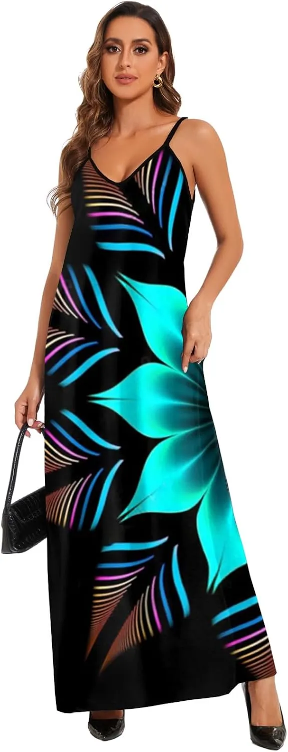 ZonJie Plus Size Maxi Dresses Sundress for Women Loose Printed Adjustable African Beach Dress with Pockets