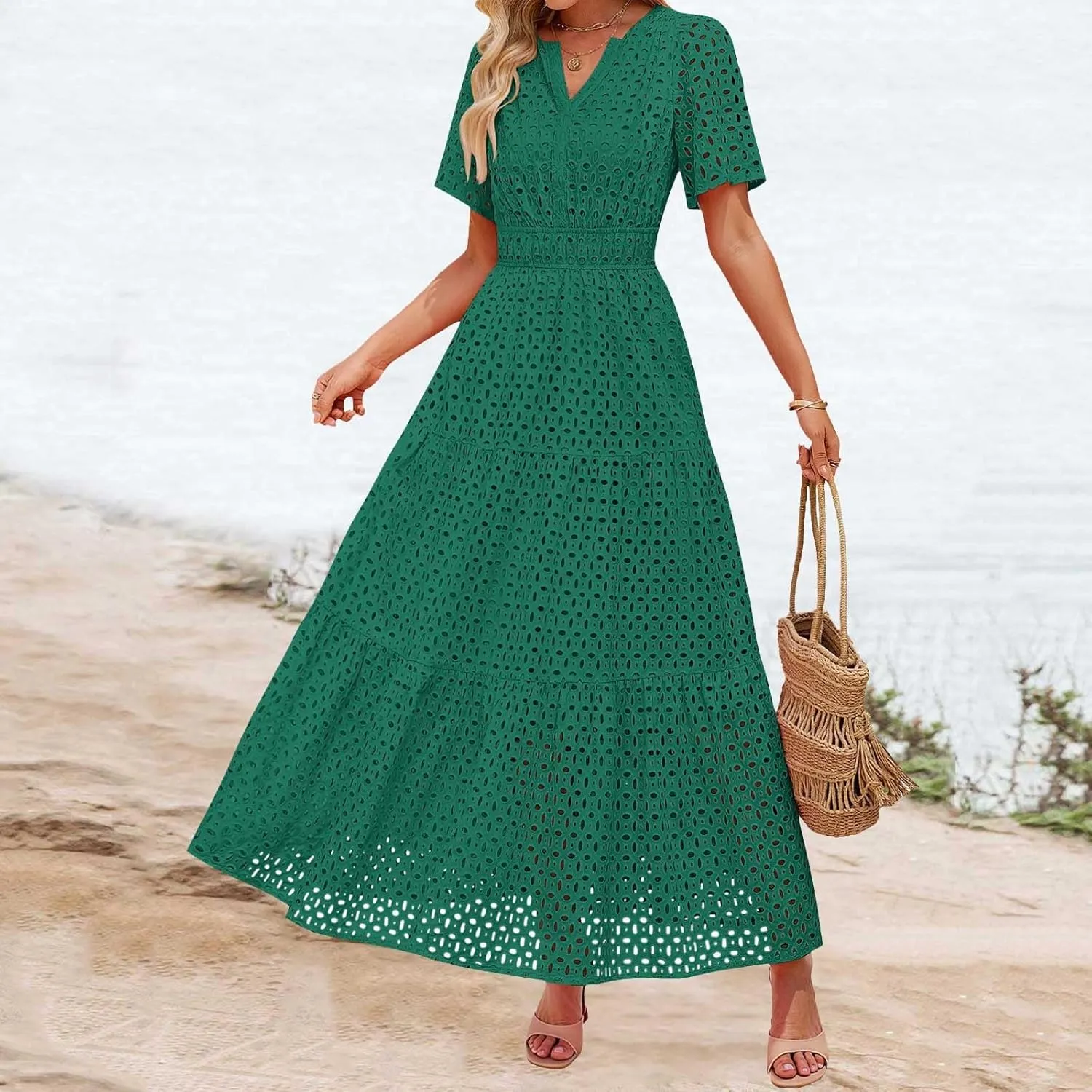 ZYXTIM Eyelet Dresses for Women 2025 Short Sleeve Casual A Line Boho Maxi Dress V Neck Fashion Summer Beach Vacation Sundress