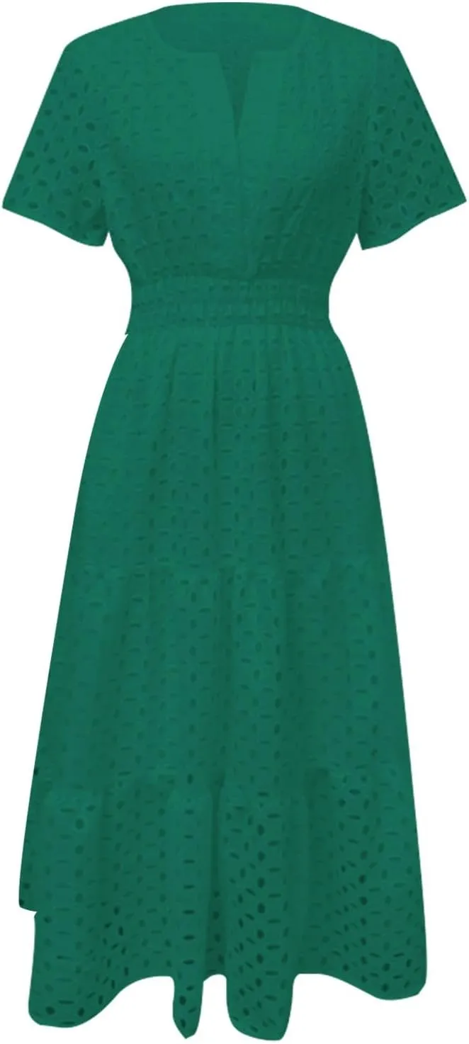 ZYXTIM Eyelet Dresses for Women 2025 Short Sleeve Casual A Line Boho Maxi Dress V Neck Fashion Summer Beach Vacation Sundress