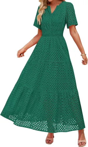 ZYXTIM Eyelet Dresses for Women 2025 Short Sleeve Casual A Line Boho Maxi Dress V Neck Fashion Summer Beach Vacation Sundress
